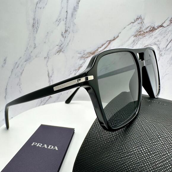 NEW PRADA Sunglasses Black Aviator Pilot 55-17mm Grey Lens Silver Logo - Picture 5 of 16